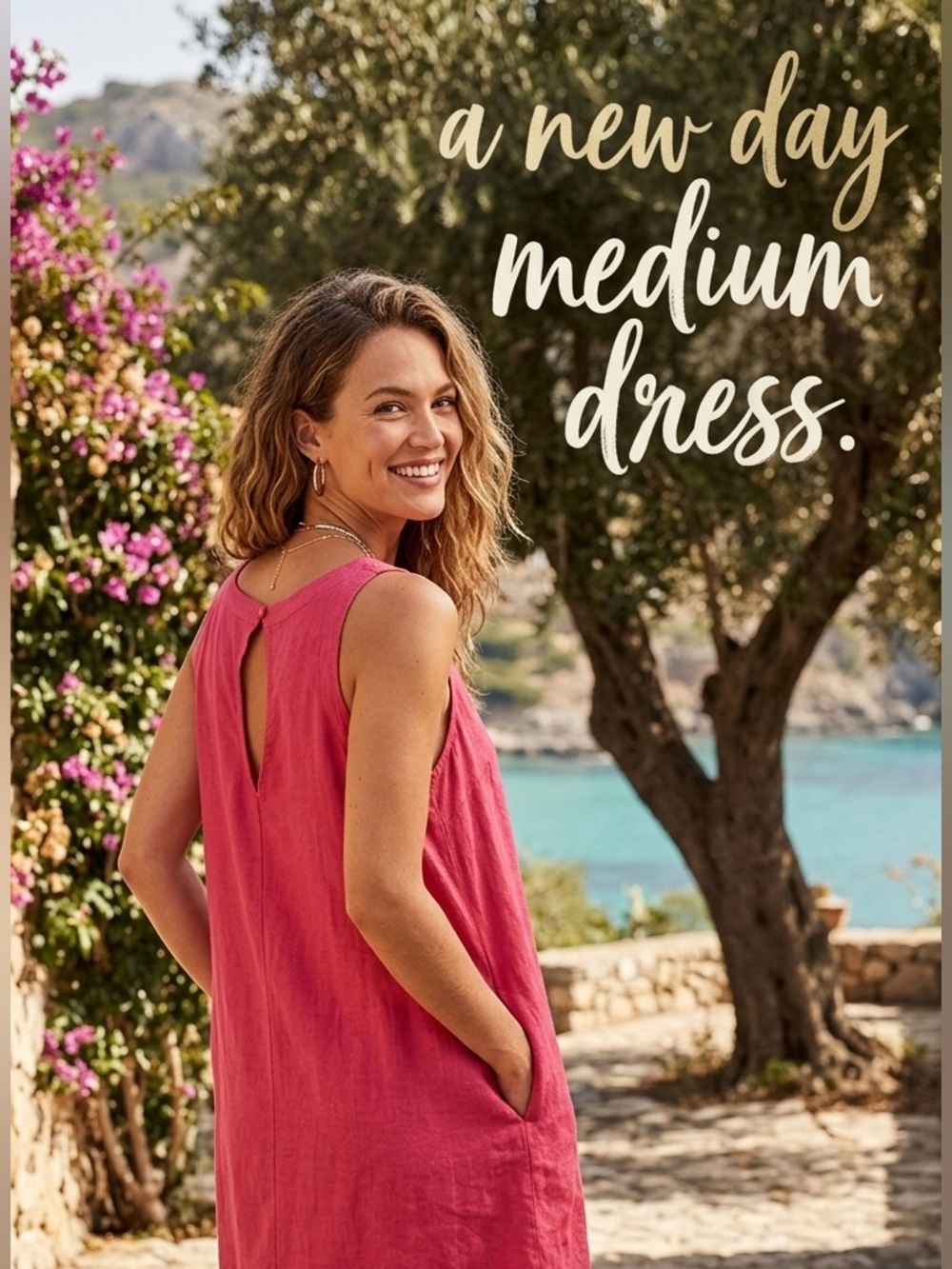 A New Day Coral Midi Dress | Sleeveless Pockets Linen Look | Size M